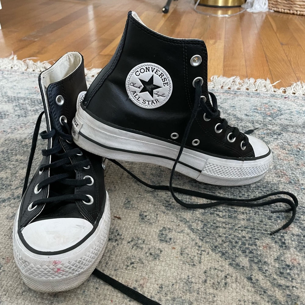 Black leather high top converse